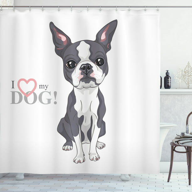 ROOMY Boston Terrier Dog Florals Shower Curtain Waterproof Bathroom Decor with Shower Hooks 